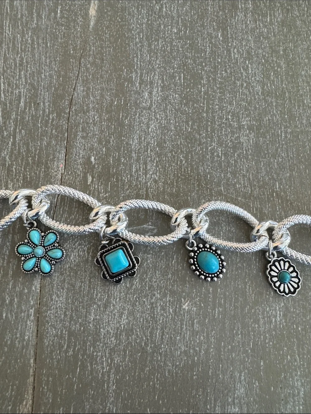 Silver Charm Bracelet with Turquoise Flower & Stone Charms